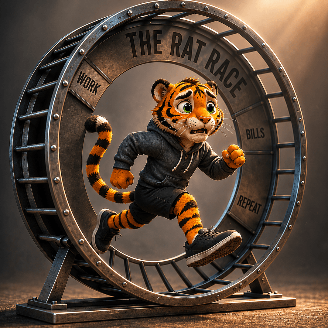 Tally the Tiger running in a rat-race wheel