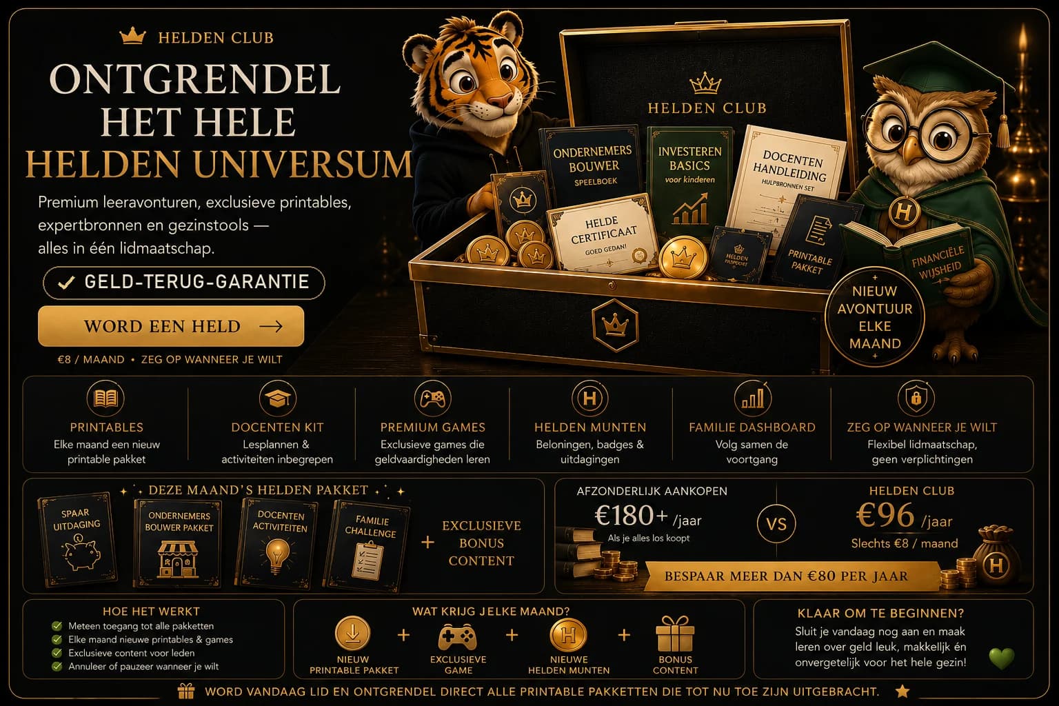 Heroes Club — ontgrendel het hele Hero-universum: printables, docentenkit, premium games, hero coins en een gezins-dashboard voor €8 per maand.