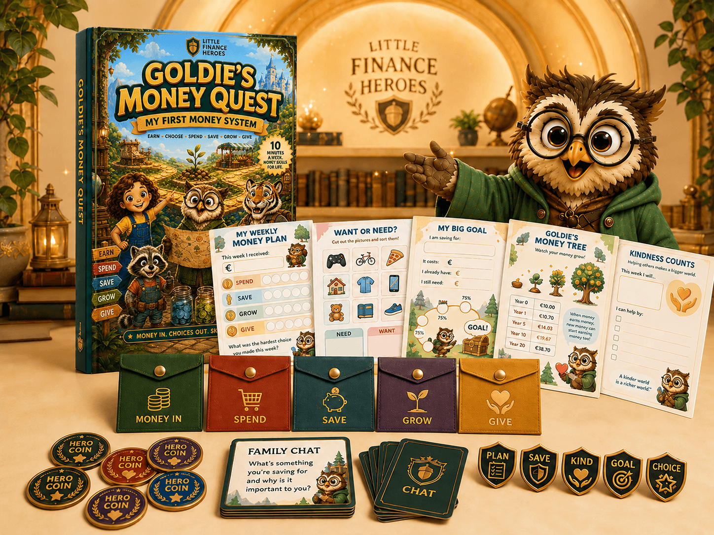 Goldie the owl presenting the Goldie's Money Quest family money system with printable money activities.
