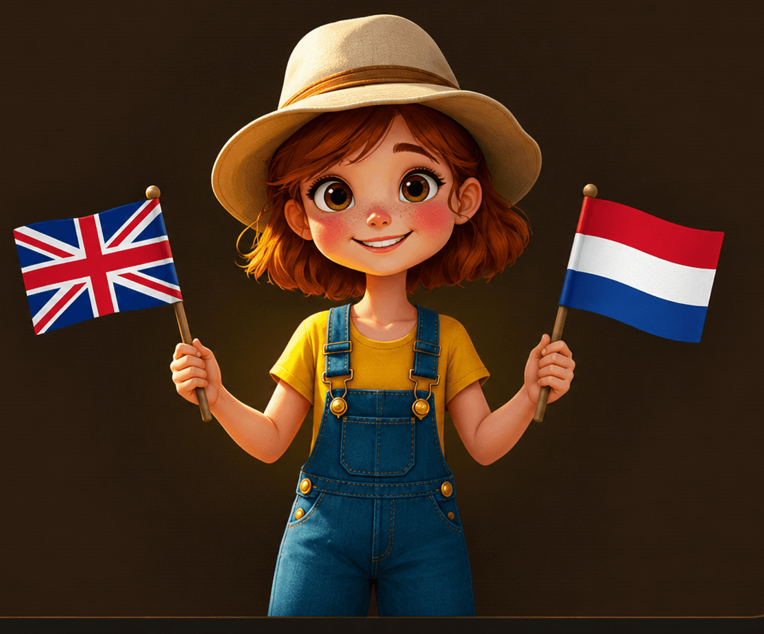 Penny holding the English and Dutch flags