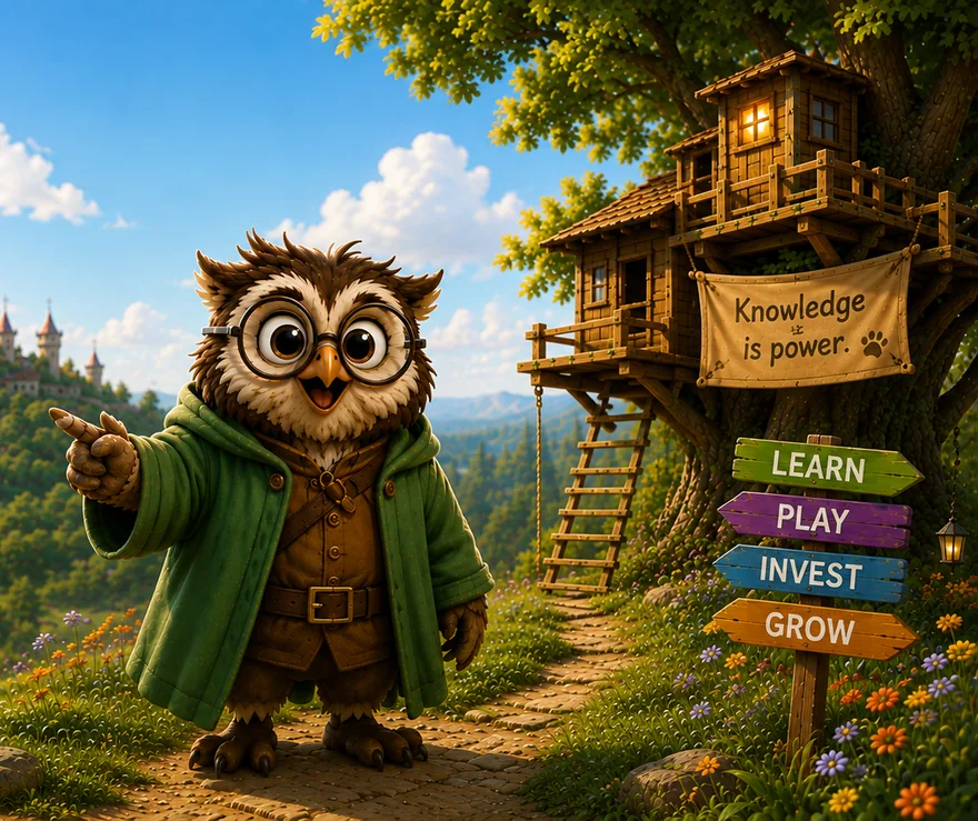 Goldie the owl welcomes you into the Little Finance Heroes world, with signposts pointing to Learn, Play, Invest and Grow.