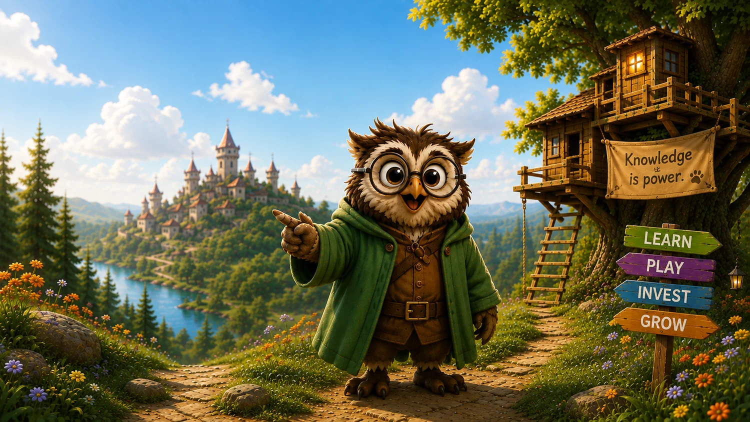 Goldie the owl welcomes you into the Little Finance Heroes world, with signposts pointing to Learn, Play, Invest and Grow.