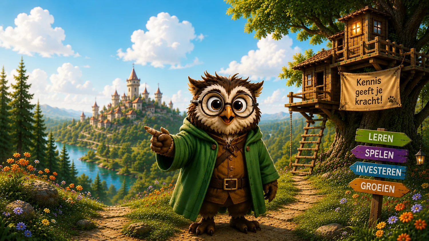 Goldie de uil verwelkomt je in de wereld van Little Finance Heroes, met borden naar Leren, Spelen, Investeren en Groeien.