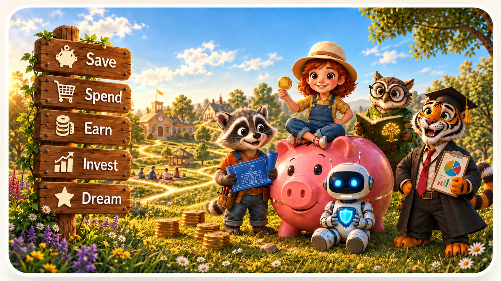 Little Finance Heroes beside Save, Spend, Earn, Invest and Dream signs