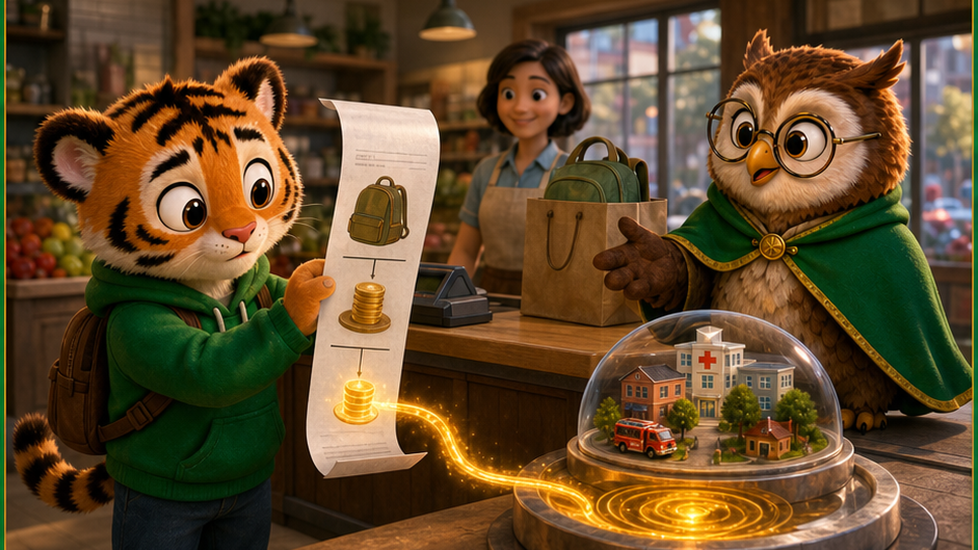 Tally studies a receipt — part of the price is a tax on what he bought
