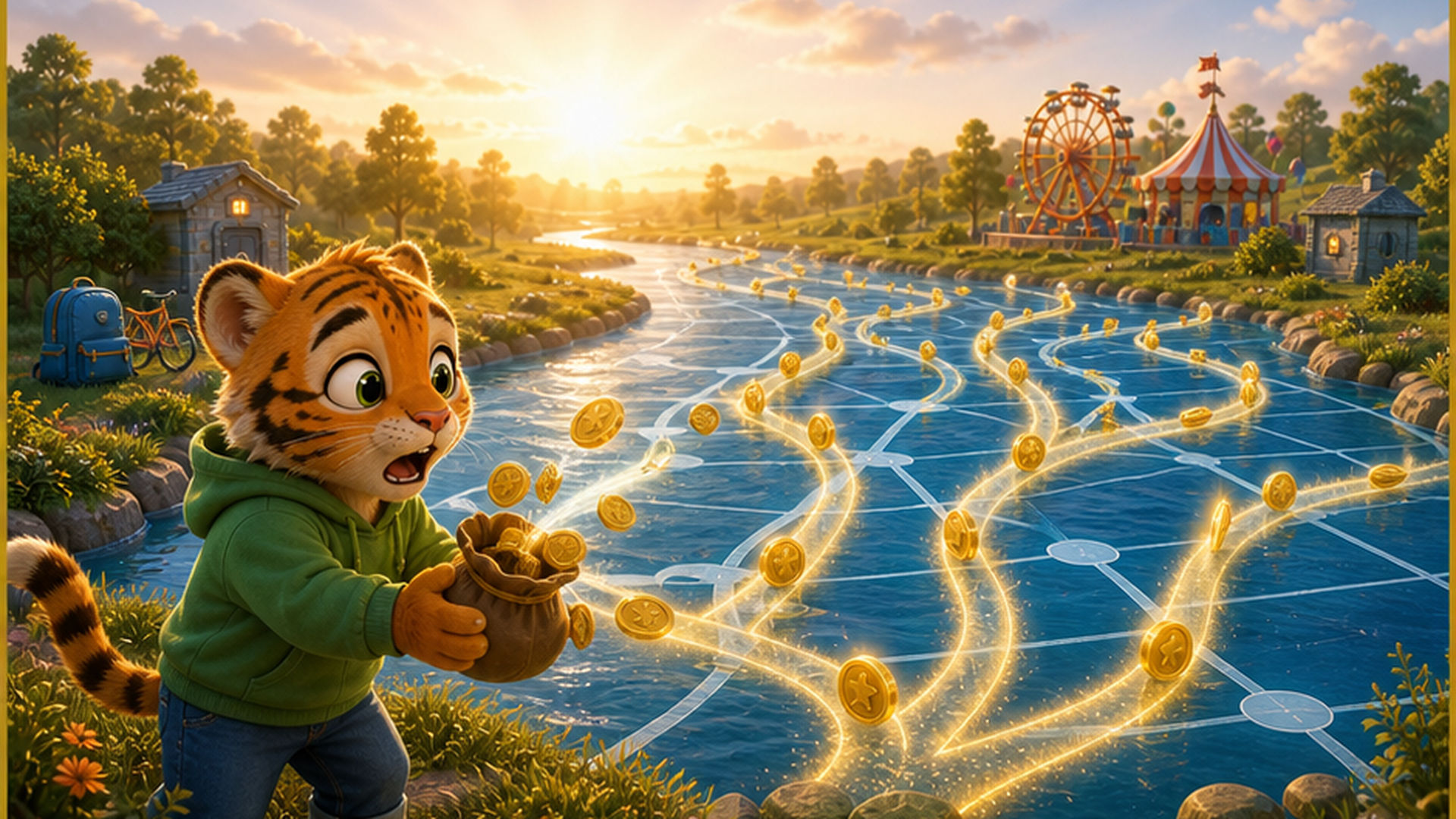 Coins racing out of Tally's pouch down many paths