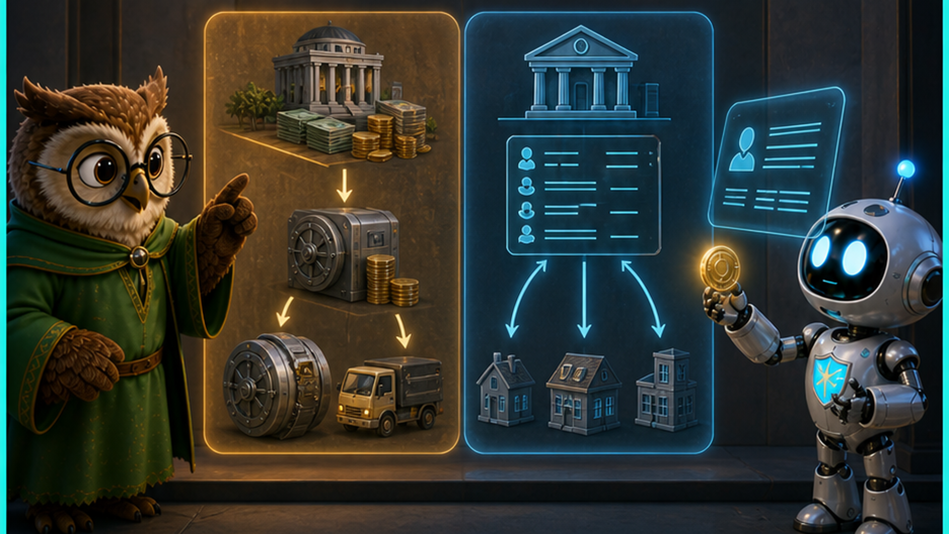 Cash in one hand, a glowing account entry in the other