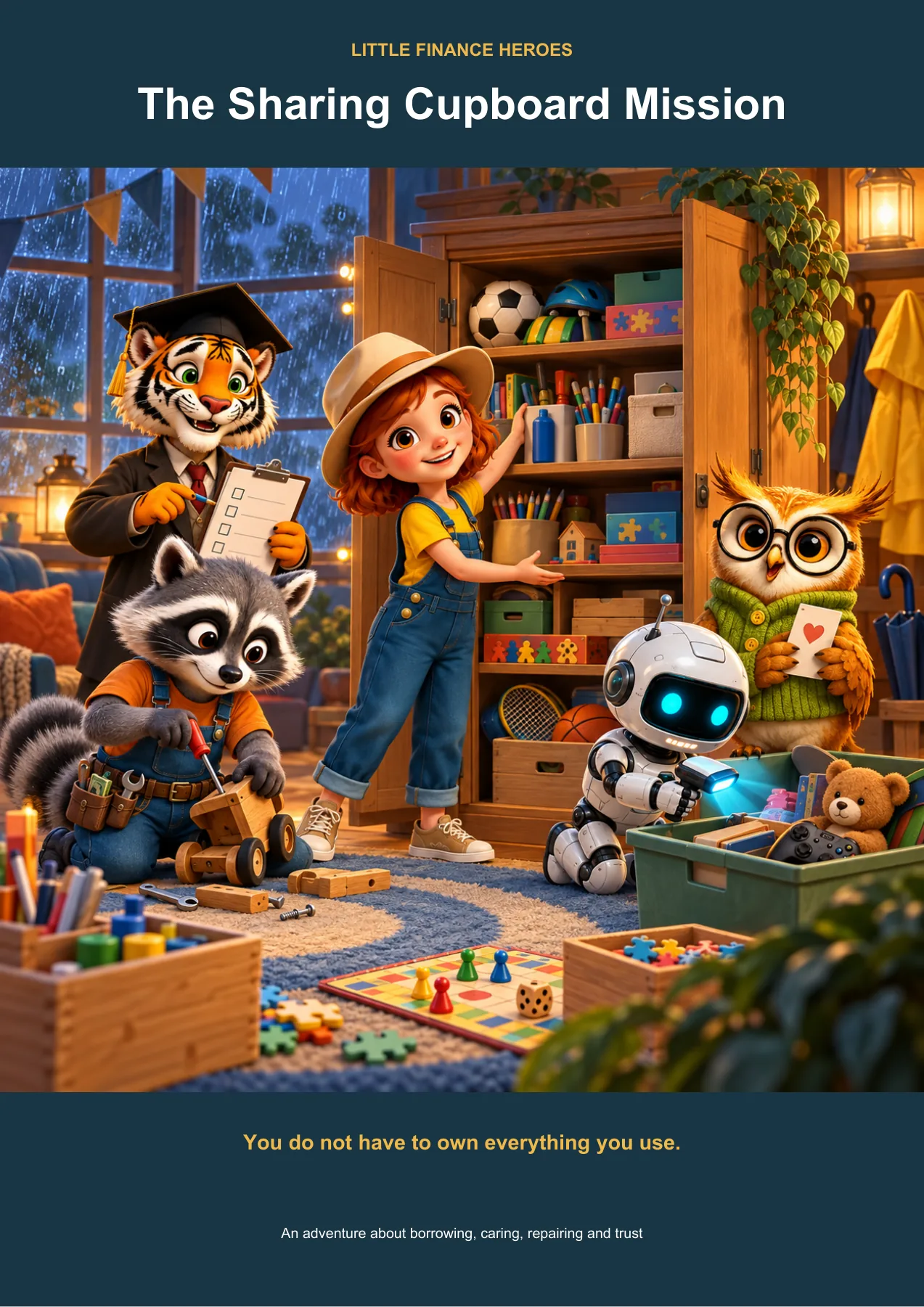 Comic cover — the heroes gather around a community 'sharing cupboard' full of games and toys to borrow.