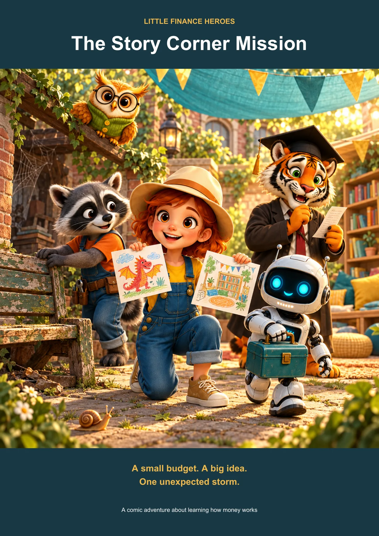 Comic cover — Penny kneels in a sunny courtyard holding a dragon drawing and a plan for a reading corner, with Cash, Byte, Goldie and Tally around a crooked bench.